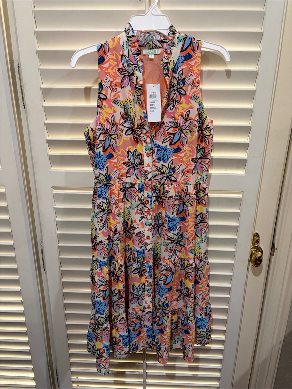 Jade Sleeveless Peach Floral Print Midi Dress. Small NWT